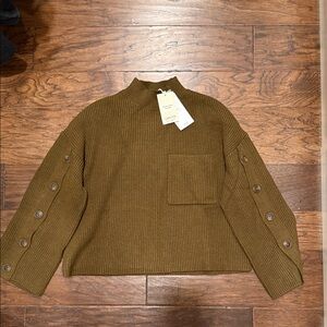 NWT Mango Brown-Olive Button-Sleeve Turtleneck Sweater